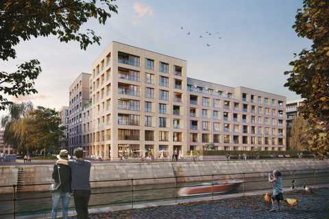 Neubau-Wohngebäude am Fluss, Menschen spazieren und beobachten Enten.