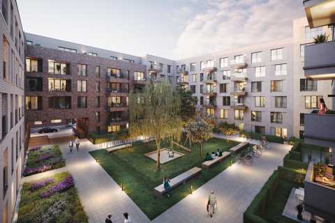 Moderner Innenhof mit Bäumen, Bänken, Gehwegen und spielenden Menschen.