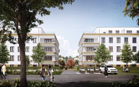 Zwei moderne Wohngebäude mit Bäumen, Menschen und geparkten Autos davor.