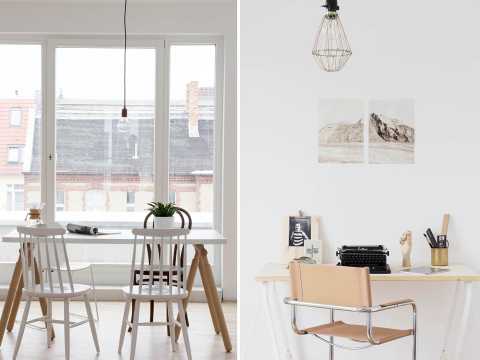 Helle, minimalistische Räume mit Schreibtisch und Esstisch, viel Tageslicht.