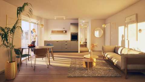 Helles Wohnzimmer mit Sofa, Esstisch, Pflanze, moderner Küche und Balkon.