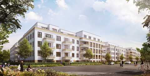 Moderne Wohnhäuser mit Balkonen, Bäumen und Menschen auf einer sonnigen Straße.