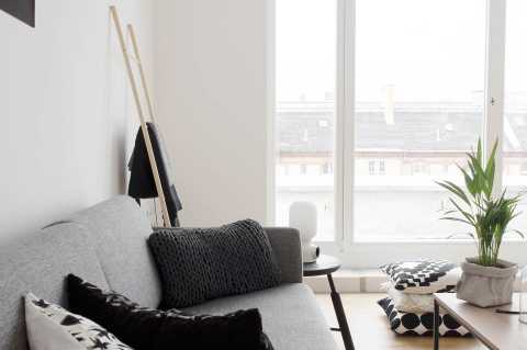 Helles Wohnzimmer mit grauem Sofa, Kissen, Zimmerpflanze und großen Fenstern.