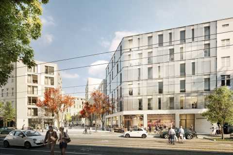 Moderne Gebäude mit großen Fenstern, Bäumen und Menschen in einer Stadt.