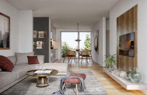 Helles Wohnzimmer mit Sofa, TV, Esstisch und modernen Holzakzenten.