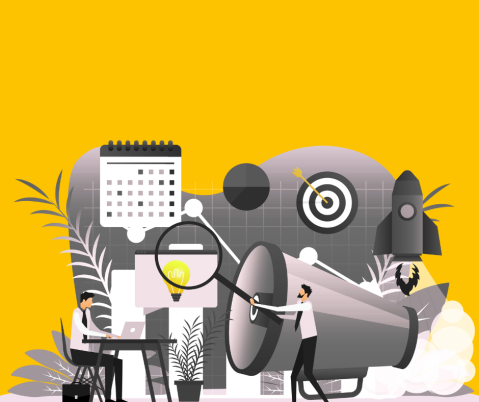 Zwei Männer, Schreibtisch, Megafon, Kalender, Zielscheibe und Rakete auf Gelb.