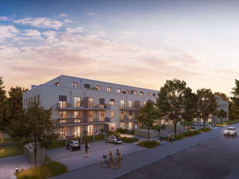 Modernes Wohnhaus mit Balkonen, Bäumen und Menschen bei Sonnenuntergang