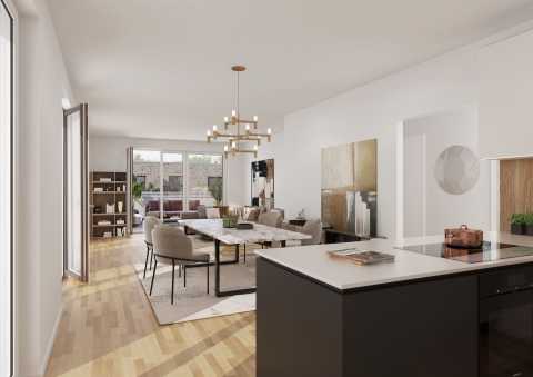 Moderne offene Küche mit Essbereich und Wohnzimmer, helle Einrichtung.