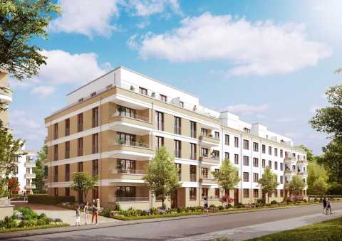 Modernes, mehrstöckiges Wohngebäude mit Balkonen, Bäumen und Gehweg.