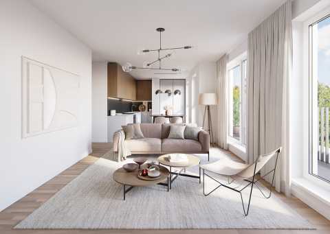 Helles, modernes Wohnzimmer mit Sofa, Couchtisch und großen Fenstern.