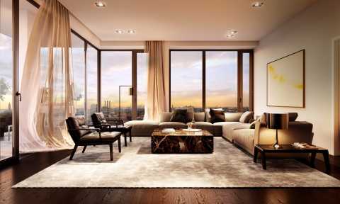 Modernes Wohnzimmer mit großen Fenstern, Sofa, Sesseln und Sonnenuntergang.