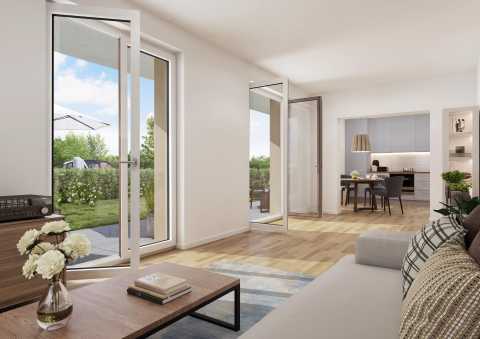 Modernes Wohnzimmer mit offener Küche, Holzboden und Zugang zur Terrasse.