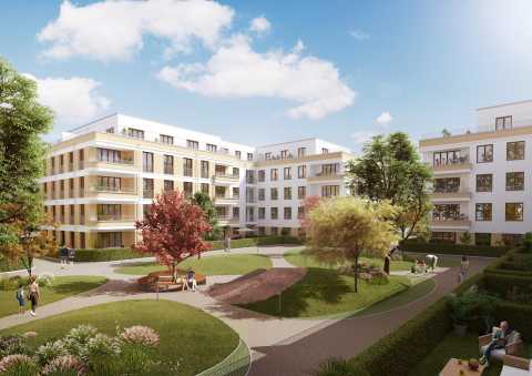 Moderner Wohnkomplex mit hellen Fassaden, Bäumen und Menschen im Garten.