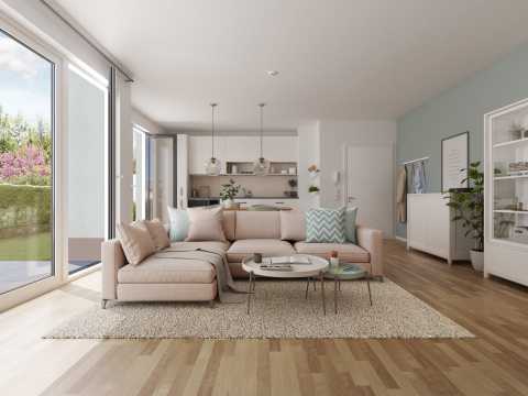 Helles Wohnzimmer mit Ecksofa, Teppich, offener Küche und großen Fenstern.