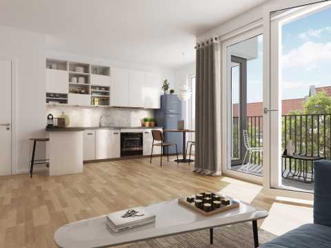 Helle Küche und Wohnzimmer mit Balkon, Holzboden und modernen Möbeln.