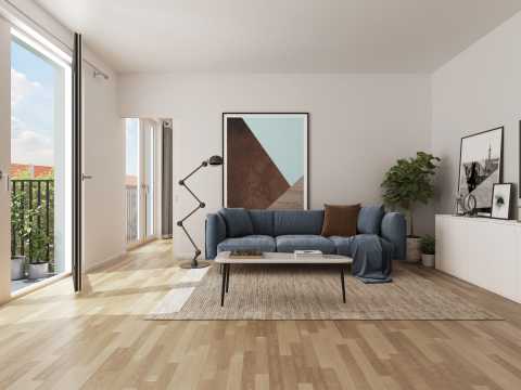 Modernes Wohnzimmer mit blauem Sofa, Couchtisch, Kunst und Pflanzen.