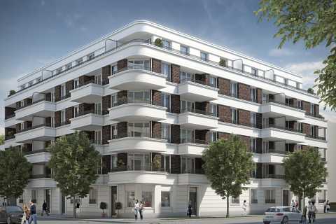 Modernes mehrstöckiges Wohnhaus mit Balkonen, Bäumen und Menschen auf der Straße.