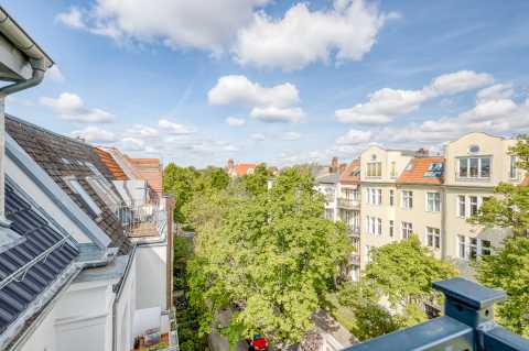 Blick auf Altbauten und Bäume bei sonnigem Wetter mit blauem Himmel.