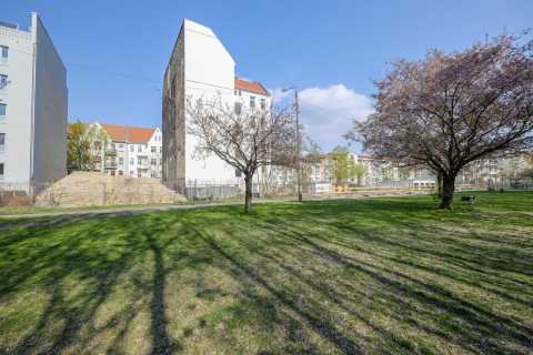 Grüner Park mit blühenden Bäumen, im Hintergrund Wohnhäuser und Sandhügel.