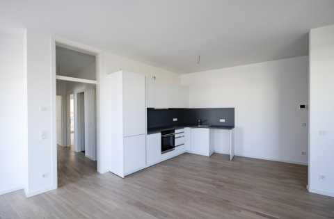 Moderne, helle Einbauküche in leerer Wohnung mit Holzfußboden