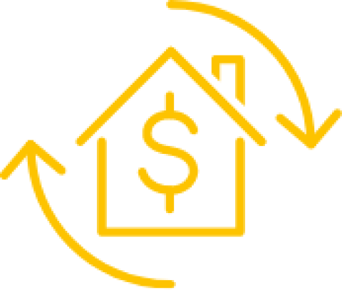 Haus mit Dollarzeichen, umgeben von zwei Pfeilen, gelbe Umrisszeichnung.