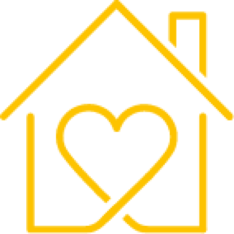 Gelbes Haus-Symbol mit Herz in der Mitte auf schwarzem Hintergrund.